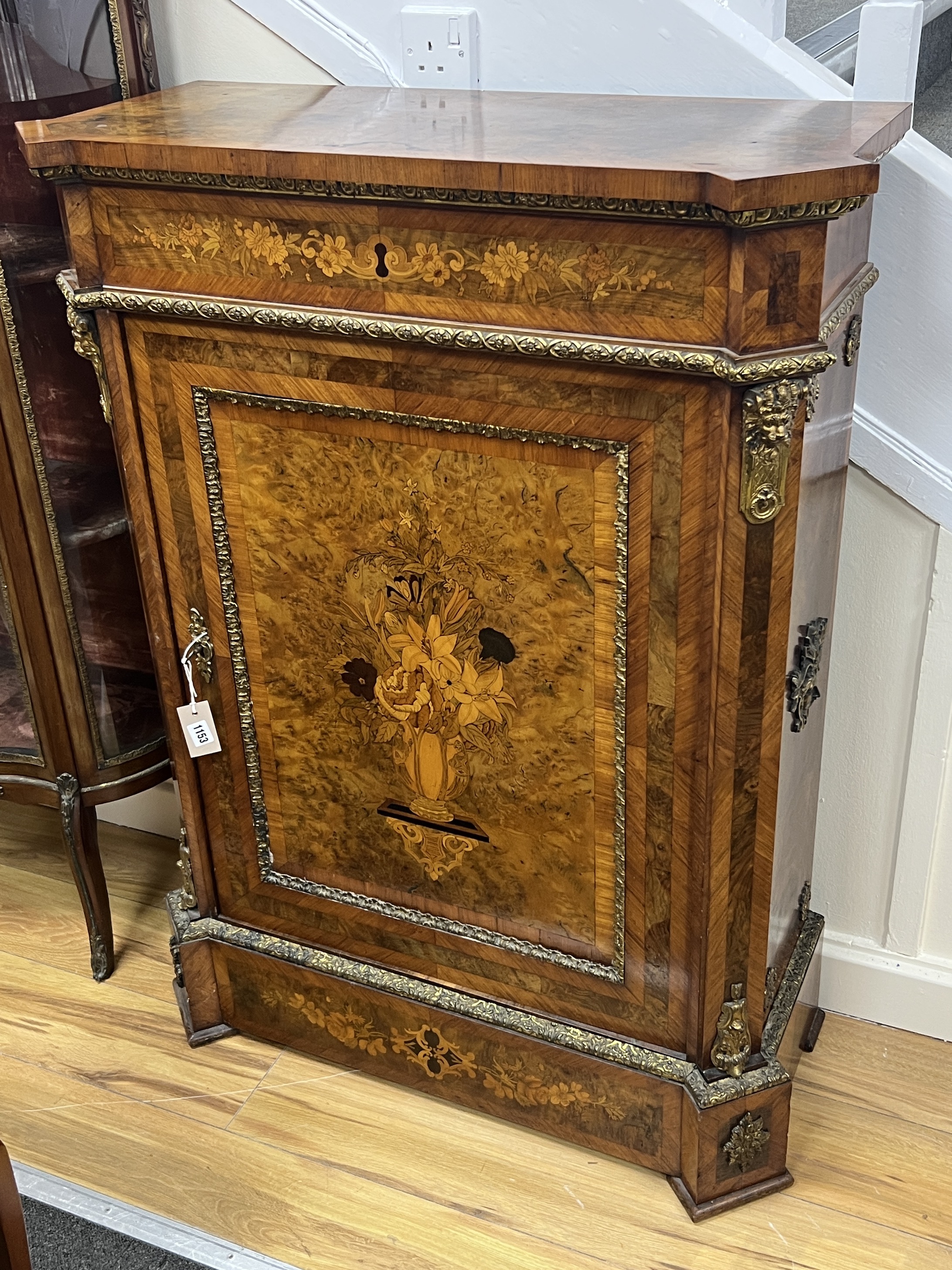 A 19th century marquetry inlaid kingwood banded burr walnut pier cabinet, width 85cm, depth 37cm, height 114cm